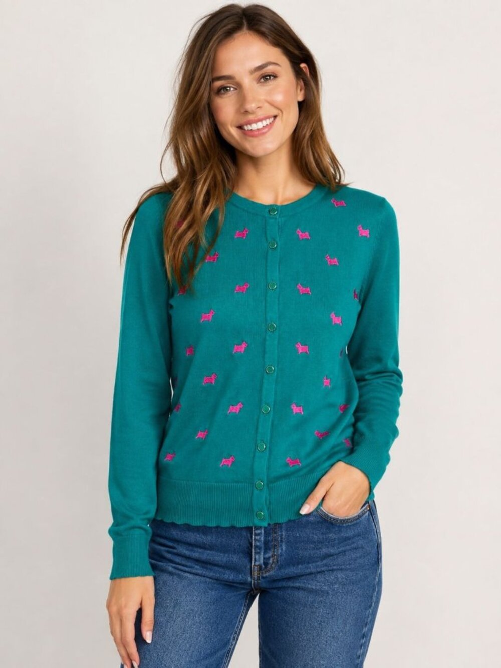 Charter Club Teal Cardigan Sweater Scottie Dog Embroidery Cotton Blend Size M
